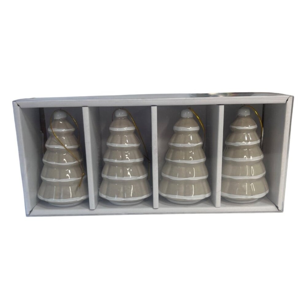 Set of 4 Holiday Style Ceramic Tree Ornaments  2.5" X 4 " New Beige White‎
